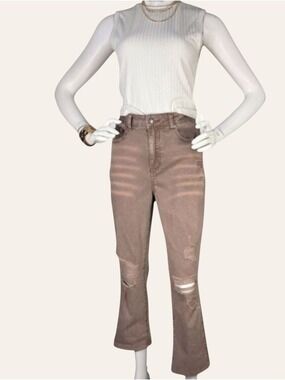 Grace & Lace Taupe Cropped Kick Flare Distressed Jeans Size 8 Boho NWT